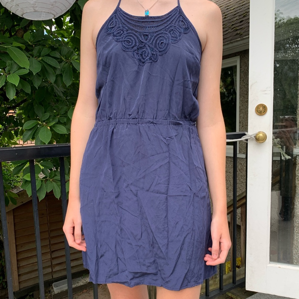 Halter dress sz L silk , navy